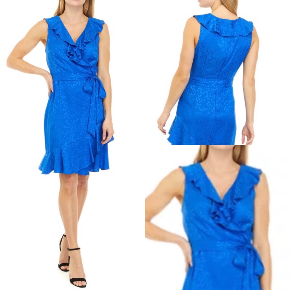 DKNY Sleeveless Ruffle Faux
Wrap Dress BLUE EMBOSSED PRINT SILKY Dress size 6